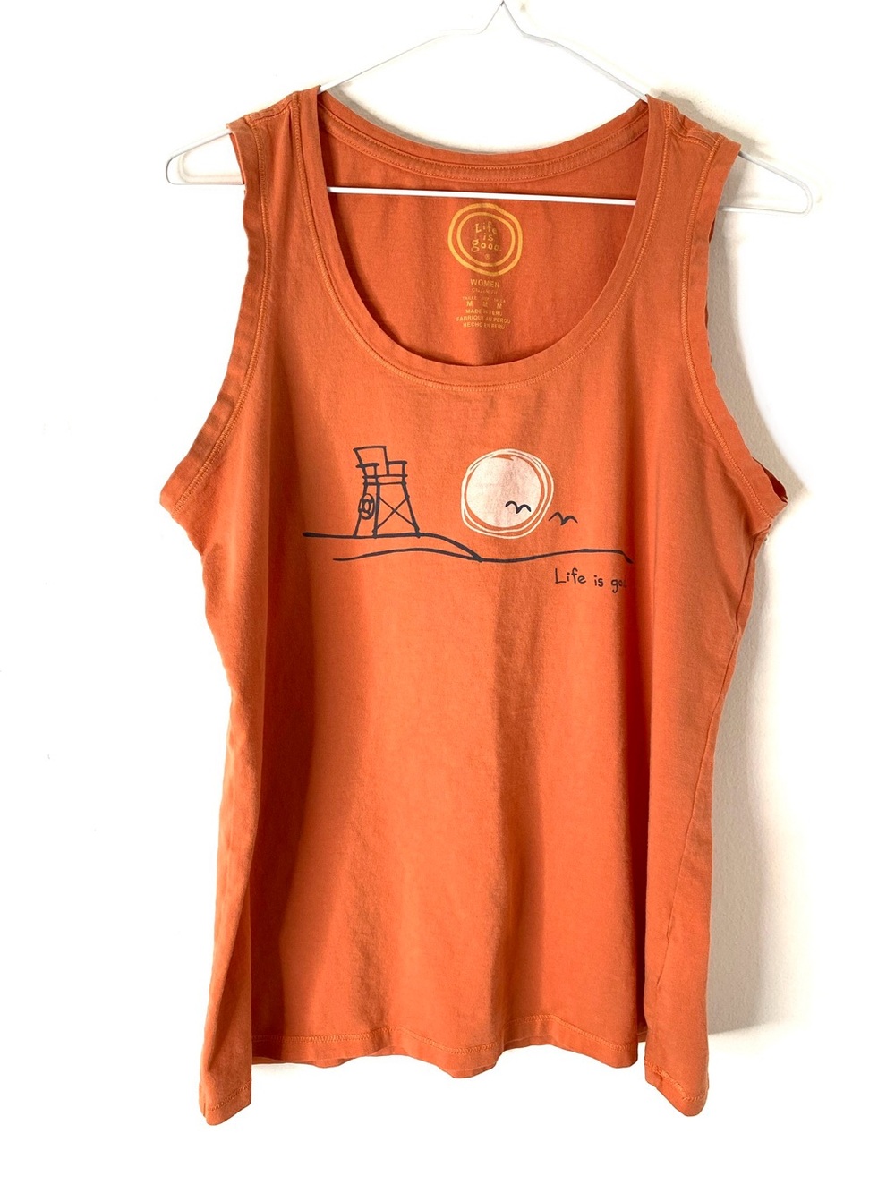 Life Is Good Orange Beach Sunset Tank Top 100% Cotton Graphic